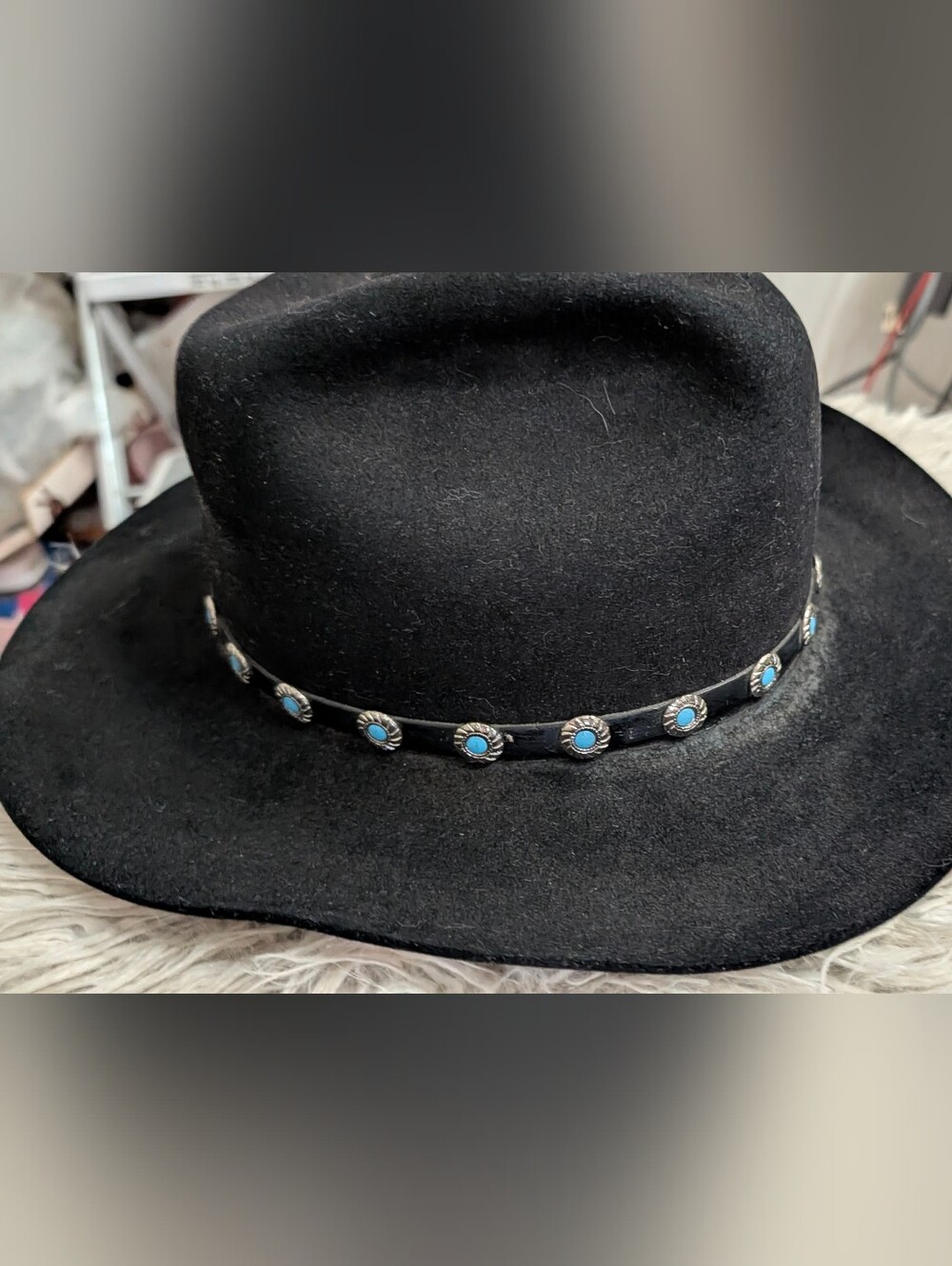 Vintage Stetson Black Genuine Fur Felt Western Cowboy Hat Concho Band